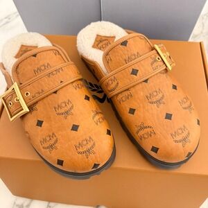 MCM Women's Cognac Visetos Shearling-lined Buckle Clogs Flat Mules Shoes Size 37